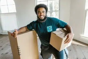Mover with moving boxes around him